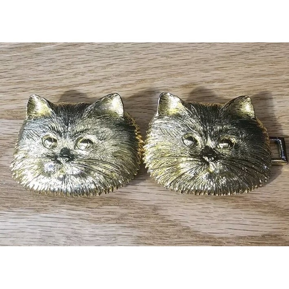 SIGNED DOUGLAS PAQUETTE Cat Kitty Face Head Belt Buckle Gold Tone 1980s Couture